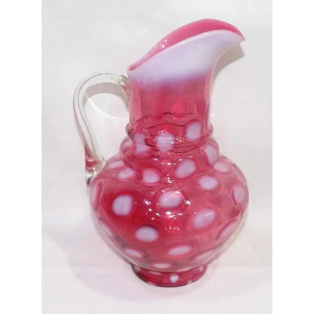 Vintage Cranberry Opalescent Coin Dot Glass Pitcher Ruffled Rim Applied Handle